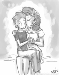 Size: 709x900 | Tagged: safe, artist:johnjoseco, rarity, spike, human, eyes closed, female, grayscale, humanized, kissing, male, monochrome, shipping, sketch, sparity, straight