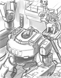 Size: 709x900 | Tagged: safe, artist:johnjoseco, coco pommel, rarity, pony, robot, unicorn, grayscale, mech, mecha, monochrome, questionable source, sketch