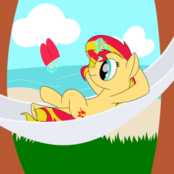 Size: 3000x3000 | Tagged: safe, artist:silver dash, sunset shimmer, pony, unicorn, equestria girls, arm behind head, atg 2018, beach, cloud, female, food, glowing horn, grass, hammock, ice cream, magic, mare, newbie artist training grounds, popsicle, smiling, summer, telekinesis