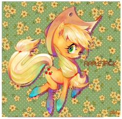 Size: 900x880 | Tagged: safe, artist:pigeon666, applejack, earth pony, pony, applejack's hat, blonde, blonde mane, blonde tail, female, green eyes, mare, orange coat, solo