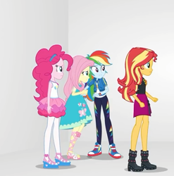 Size: 509x515 | Tagged: safe, derpibooru import, screencap, pinkie pie, rainbow dash, sunset shimmer, better together, equestria girls, rollercoaster of friendship, boots, clothes, converse, cropped, dress, female, geode of empathy, geode of sugar bombs, geode of super speed, high heel boots, jacket, leather, leather jacket, magical geodes, pants, pantyhose, room, sandals, shoes, skirt, sneakers