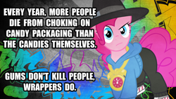 Size: 1280x720 | Tagged: safe, pinkie pie, earth pony, pony, candy, death, image macro, meme, pun, rapper pie