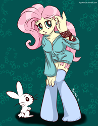 Size: 1225x1575 | Tagged: safe, artist:kyokimute, angel bunny, fluttershy, equestria girls, breasts, clothes, earring, female, hoodie, hootershy, humanized, pony coloring, socks, solo, sweater, sweatershy