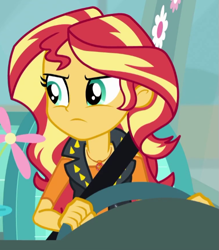 Size: 507x578 | Tagged: safe, screencap, sunset shimmer, better together, driving miss shimmer, driving miss shimmer: fluttershy, equestria girls, cropped, female, fluttershy's car, geode of empathy, magical geodes, seatbelt, solo, steering wheel