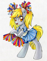 Size: 600x783 | Tagged: safe, artist:maytee, derpy hooves, pegasus, pony, clothes, costume, cute, derpabetes, female, mare, pom pom, rearing, simple background, skirt, skirt lift, smiling, solo, traditional art