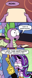 Size: 923x2190 | Tagged: safe, artist:pony-berserker, spike, starlight glimmer, dragon, pony, unicorn, comic, duo, exploitable meme, facial hair, female, foam finger, glasses, gravity falls, male, mare, meme, meme template, moustache, number one, pince-nez, sideburns, speech bubble, this is worthless, winged spike