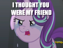 Size: 1809x1383 | Tagged: safe, edit, edited screencap, screencap, starlight glimmer, pony, unicorn, no second prances, betrayal, caption, cropped, crying, discovery family logo, floppy ears, image macro, solo, text