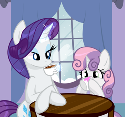 Size: 1858x1735 | Tagged: safe, artist:xwhitedreamsx, rarity, sweetie belle, pony, unicorn, coffee, drink, drinking, female, filly, food, magic, mare, sisters, snow, snowfall, table, window, winter