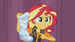 Size: 1280x720 | Tagged: safe, screencap, sunset shimmer, better together, equestria girls, rarity investigates: the case of the bedazzled boot, bedazzled boot, boot, geode of empathy, solo