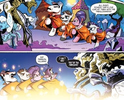 Size: 1379x1109 | Tagged: safe, artist:andypriceart, idw, cookie crumbles, hondo flanks, rarity, pony, umbrum, unicorn, siege of the crystal empire, spoiler:comic, spoiler:comic37, comic, cookieflanks, fabulous, facial hair, female, magnum p.i., male, mare, moustache, official comic, rarity's parents, raspberry, shiny, sparkles, stallion, tom selleck