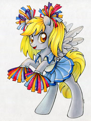 Size: 600x793 | Tagged: safe, artist:maytee, derpy hooves, pegasus, pony, cheerleader, clothes, costume, female, mare, pom pom, rearing, simple background, smiling, solo, white background