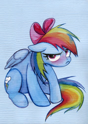 Size: 585x817 | Tagged: safe, artist:miszasta, derpibooru import, rainbow dash, pegasus, pony, backwards cutie mark, blushing, cute, dashabetes, grumpy, hair bow, looking at you, rainbow dash always dresses in style, solo, watermark