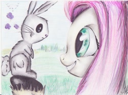 Size: 1679x1248 | Tagged: safe, artist:1vladislav, angel bunny, fluttershy, bird, butterfly, pegasus, pony