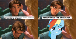 Size: 1700x882 | Tagged: safe, derpibooru import, edit, rainbow dash, pegasus, pony, faic, flynn rider, here comes the smolder, rapunzel, smugdash, tangled (disney)