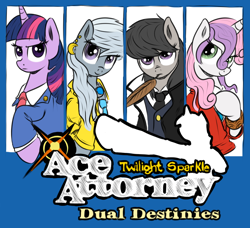 Size: 1000x911 | Tagged: safe, artist:tiki2, artist:xioade, derpibooru import, octavia melody, silver spoon, sweetie belle, twilight sparkle, earth pony, pony, ace attorney, apollo justice, athena cykes, older, parody, phoenix wright, simon blackquill