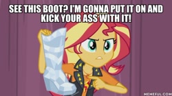 Size: 600x337 | Tagged: safe, edit, edited screencap, screencap, sunset shimmer, better together, equestria girls, rarity investigates: the case of the bedazzled boot, boot, image macro, meme