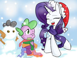 Size: 1024x768 | Tagged: safe, artist:shujiwakahisaa, rarity, spike, dragon, pony, unicorn, 12 days of christmas, christmas, clothes, duo, eyes closed, female, hat, male, one eye closed, santa hat, scarf, scarves, shipping, snowman, sparity, straight, twelve days of christmas