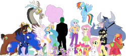 Size: 1394x620 | Tagged: safe, angel bunny, apple bloom, big macintosh, discord, fluttershy, iron will, princess celestia, princess luna, principal celestia, rainbow dash, scootaloo, spike, sweetie belle, trouble shoes, oc, oc:anon, dog, human, appleoosa's most wanted, equestria girls, comparison, dan, dan vs, simple background, size comparison, spike the dog, transparent background