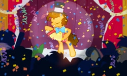 Size: 900x540 | Tagged: safe, artist:pixelkitties, bon bon, cheese sandwich, derpy hooves, spike, sweetie drops, dragon, earth pony, pegasus, pony, accordion, bowtie, clothes, confetti, crowd, female, hat, male, mare, musical instrument, performance, stallion, top hat