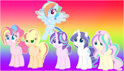 Size: 1578x902 | Tagged: safe, artist:leanne264, applejack, fluttershy, pinkie pie, rainbow dash, rarity, starlight glimmer, earth pony, pegasus, pony, unicorn, alternate design