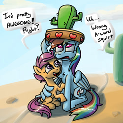 Size: 1125x1125 | Tagged: safe, artist:rawrienstein, derpibooru exclusive, derpibooru import, rainbow dash, scootaloo, pegasus, pony, appleoosa's most wanted, cactus hat, giant hat, hat, hug, scootalove, winghug