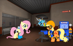 Size: 1024x640 | Tagged: safe, derpibooru import, applejack, fluttershy, rainbow dash, earth pony, pegasus, pony, dispenser, engineer, medic, parody, scout, sentry, team fortress 2