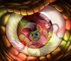 Size: 4167x3560 | Tagged: safe, artist:otakuap, angel bunny, fluttershy, pegasus, pony, badass, beholder, dungeons and dragons, eye, eye reflection, flutterbadass, punch, this will end in pain