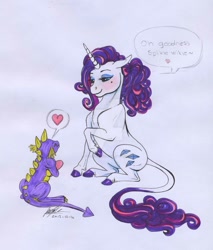 Size: 1024x1201 | Tagged: safe, artist:sagastuff94, rarity, spike, classical unicorn, dragon, pony, unicorn, alternate hairstyle, female, heart, leonine tail, male, shipping, sparity, straight, traditional art, watermark