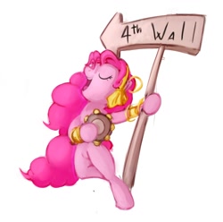 Size: 1209x1200 | Tagged: safe, artist:maxtaka, pinkie pie, pony, friendship is witchcraft, bipedal, eyes closed, fourth wall, gypsy pie, musical instrument, sign, solo, tambourine