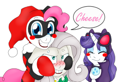 Size: 1503x1018 | Tagged: safe, artist:blackbewhite2k7, fluttershy, pinkie pie, rarity, earth pony, pegasus, pony, unicorn, annoyed, batman, catwoman, crossover, flutterbitch, harley quinn, poison ivy, smiling