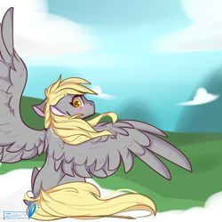 Size: 1024x1024 | Tagged: safe, artist:zakkurro, derpy hooves, pegasus, pony, blushing, cloud, looking back, solo, spread wings, wings