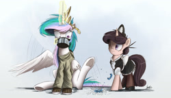 Size: 2000x1143 | Tagged: safe, artist:ncmares, princess celestia, oc, alicorn, pony, unicorn, ask majesty incarnate, clothes, coffee, flapping, frown, magic, maid, messy mane, mismatched eyes, newbie artist training grounds, raised leg, shirt, sitting, stomping, sweater, telekinesis, underhoof, wide eyes, wink