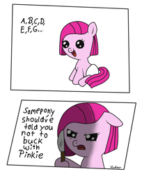 Size: 896x1098 | Tagged: safe, artist:kleineluhnar, pinkie pie, pony, baby, baby pie, baby pony, comic, diaper, knife, pinkamena diane pie