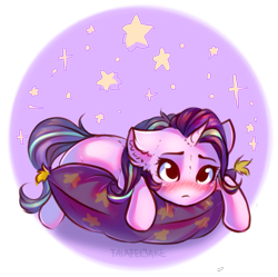 Size: 1077x1072 | Tagged: safe, artist:falafeljake, starlight glimmer, pony, unicorn, blushing, cushion, female, floppy ears, frown, lying down, mare, no nose, pillow, prone, solo, stars