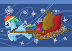 Size: 1400x1000 | Tagged: safe, artist:jessami, derpibooru import, rainbow dash, pegasus, pony, sleigh, snow, snowflake, solo