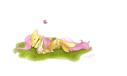 Size: 1024x613 | Tagged: safe, artist:rflzqt, angel bunny, fluttershy, pegasus, pony, sleeping, solo