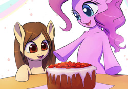 Size: 700x491 | Tagged: safe, artist:raikoh, pinkie pie, oc, earth pony, pony, birthday, birthday cake, cake, strawberry