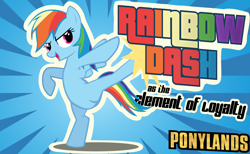 Size: 3000x1847 | Tagged: safe, artist:mrkat7214, derpibooru import, rainbow dash, pegasus, pony, bipedal, borderlands, poster, solo, sunburst background