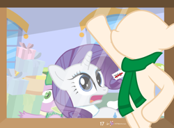 Size: 1000x735 | Tagged: safe, artist:dm29, rarity, spike, dragon, pony, unicorn, advent calendar, clothes, duo, holiday horse days, mannequin, present, scarf