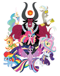 Size: 600x760 | Tagged: safe, artist:xkappax, applejack, discord, fluttershy, lord tirek, pinkie pie, princess celestia, rainbow dash, rarity, twilight sparkle, twilight sparkle (alicorn), alicorn, earth pony, pegasus, pony, unicorn, twilight's kingdom, mane six, rainbow power, scorpan's necklace, shirt design, vector