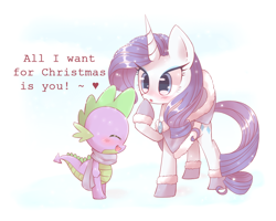 Size: 1000x800 | Tagged: safe, artist:riouku, rarity, spike, dragon, pony, unicorn, :o, blushing, christmas, clothes, coat, cute, female, heart, hoof boots, male, mare, raised hoof, raribetes, scarf, shipping, sparity, spikabetes, straight