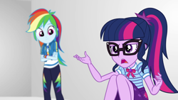 Size: 1920x1080 | Tagged: safe, derpibooru import, screencap, rainbow dash, sci-twi, twilight sparkle, better together, equestria girls, rollercoaster of friendship, crossed arms, female, geode of super speed, geode of telekinesis, magical geodes, ponytail