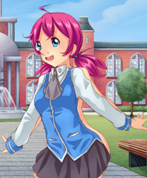 Size: 412x500 | Tagged: source needed, useless source url, safe, pinkie pie, human, animation error, bench, braless, clothes, commando, cute, diapinkes, fail, fountain, glitch, grass, humanized, miniskirt, no panties, oops, polly parks, school, school uniform, schoolgirl, shirt, skirt, sky, starswirl academy, starswirl academy uniform, tree, vest