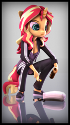 Size: 2160x3840 | Tagged: safe, artist:imafutureguitarhero, sunset shimmer, anthro, plantigrade anthro, unicorn, equestria girls, 3d, adidas, alcohol, bag, beer, border, breasts, chromatic aberration, cigarette, cigarette smoke, cleavage, clothes, dress, female, film grain, floppy ears, freckles, gopnik, high res, horn, jacket, looking down, mare, multicolored hair, pants, reflection, seeds, shoes, slav, smoke, solo, source filmmaker, squatting, tail, tracksuit, vertical