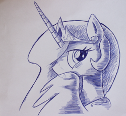 Size: 870x800 | Tagged: safe, artist:inkygarden, princess celestia, alicorn, pony, ballpoint pen, blushing, looking at you, monochrome, sketch, solo, traditional art