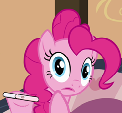 Size: 500x463 | Tagged: safe, edit, pinkie pie, earth pony, pony, pinkie apple pie, looking at you, meme, preggy pie, pregnancy test, pregnancy test meme, pregnant, raised hoof