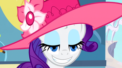 Size: 1024x575 | Tagged: safe, screencap, rarity, pony, unicorn, sweet and elite, faic, grin, hat, lidded eyes