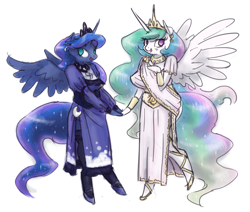 Size: 1280x1084 | Tagged: safe, artist:king-kakapo, princess celestia, princess luna, anthro, unguligrade anthro, arm hooves, clothes, dress, looking at you, open mouth, side slit