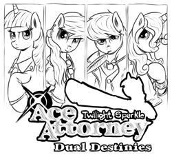 Size: 1000x911 | Tagged: safe, artist:xioade, derpibooru import, octavia melody, silver spoon, sweetie belle, twilight sparkle, earth pony, pony, ace attorney, apollo justice, athena cykes, logo, monochrome, parody, phoenix wright, simon blackquill