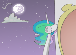 Size: 1280x927 | Tagged: safe, artist:switchy, princess celestia, alicorn, pony, eyes closed, long neck, mare in the moon, moon, rocket, solo